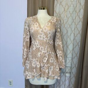 #0019 ePretty Tan Mini Dress with Wrap Ruffled Style